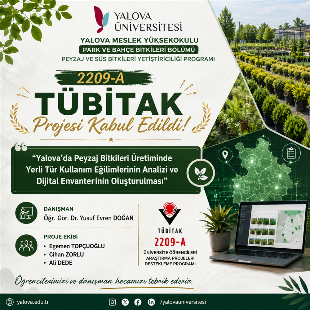 Yalova Meslek Yüksekokulu Park ve Bahçe Bitkileri Bölümü Öğrencilerinden TÜBİTAK 2209-A Başarısı